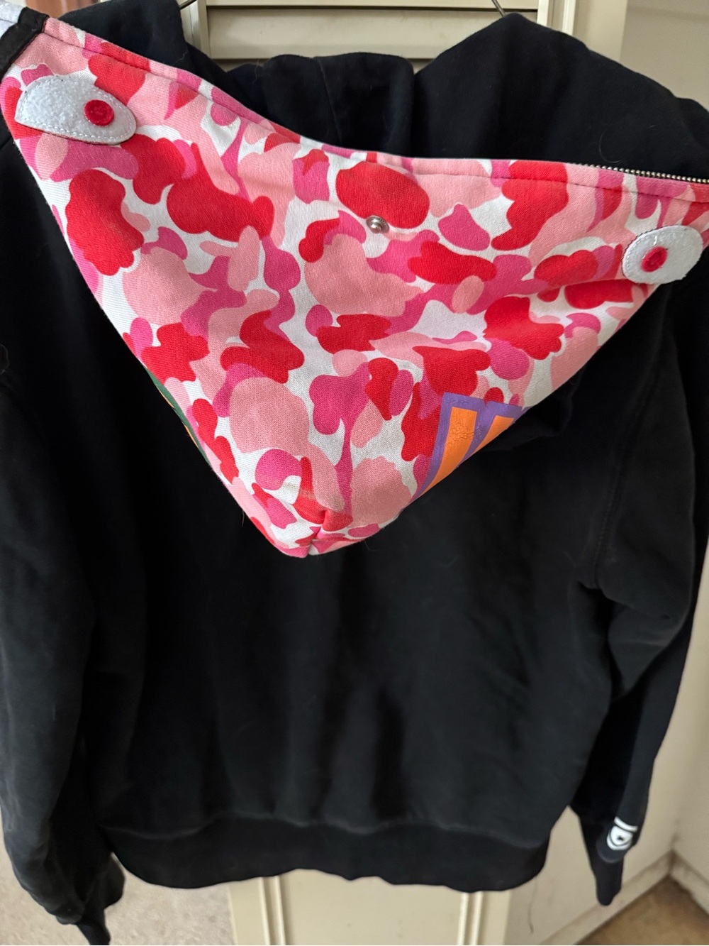 Black Jacket with  Pink & Red Patterned  and black shark hood